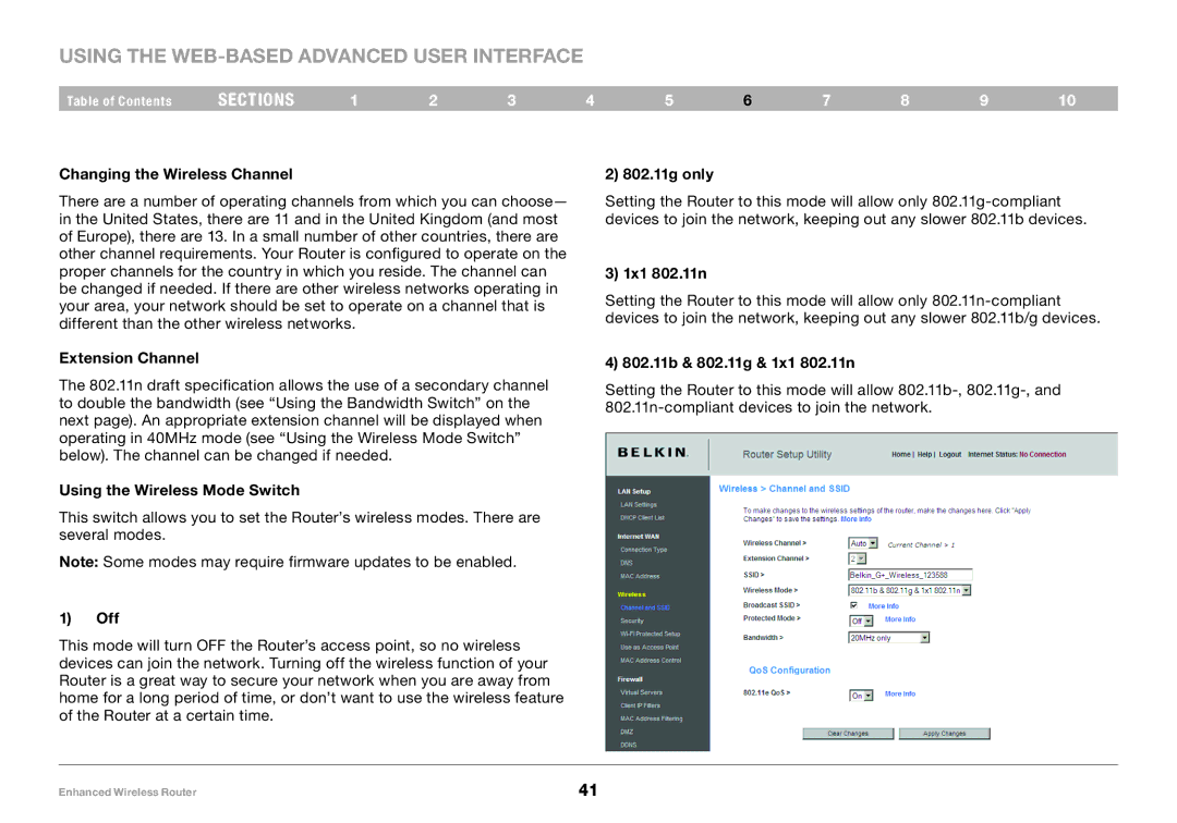 Belkin 8820-00034-A Changing the Wireless Channel, Extension Channel, Using the Wireless Mode Switch, Off, 802.11g only 