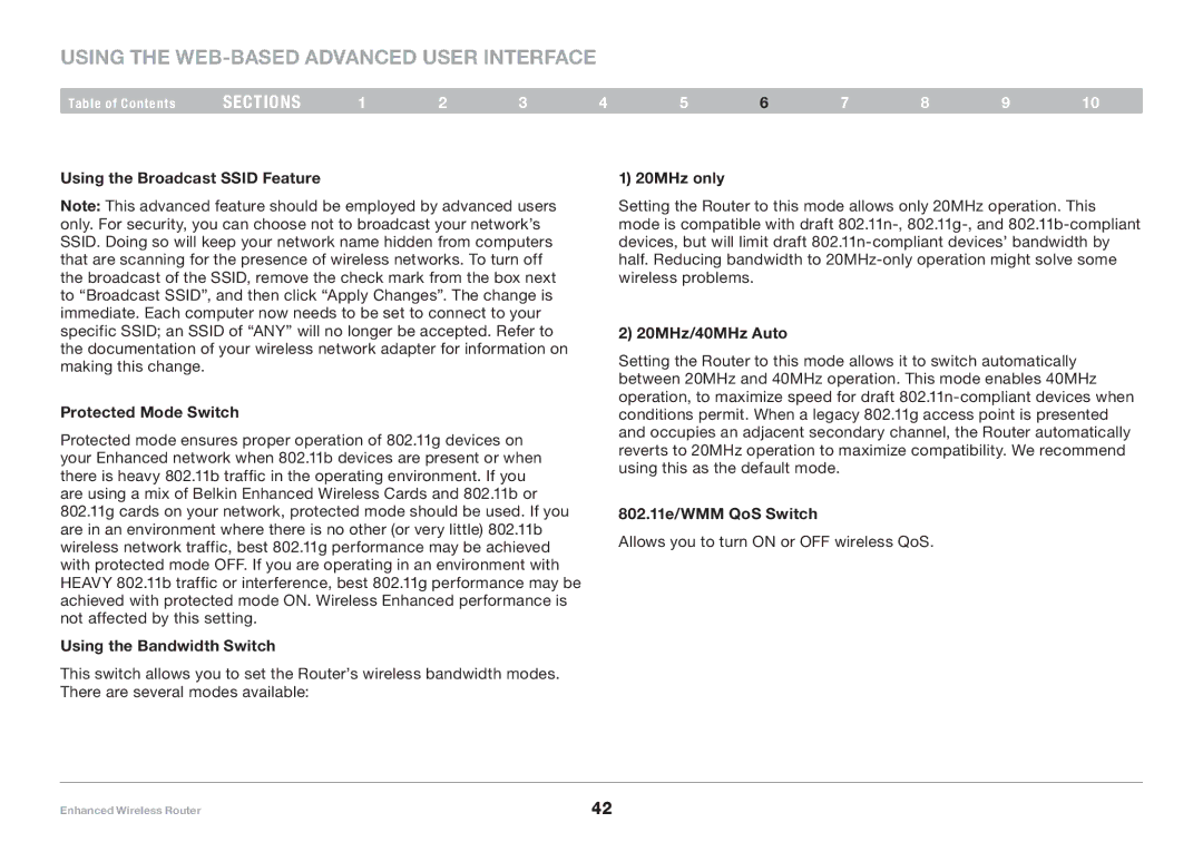 Belkin 8820-00034-A Using the Broadcast Ssid Feature Protected Mode Switch, Using the Bandwidth Switch, 20MHz only 