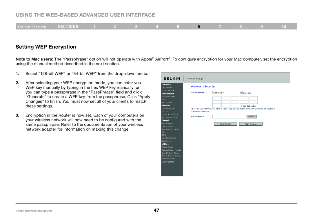 Belkin 8820-00034-A user manual Setting WEP Encryption 