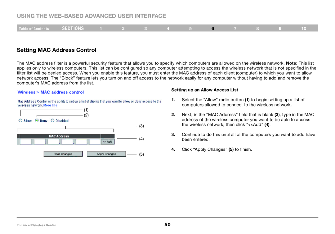 Belkin 8820-00034-A user manual Setting MAC Address Control, Setting up an Allow Access List 