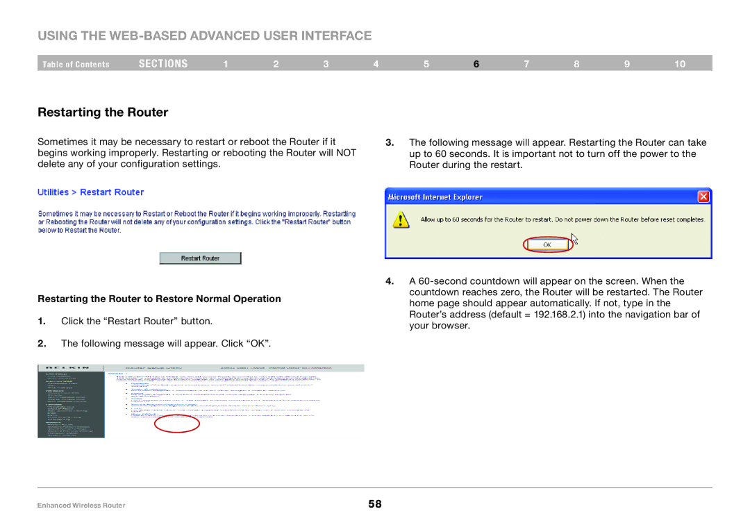 Belkin 8820-00034-A user manual Restarting the Router to Restore Normal Operation 