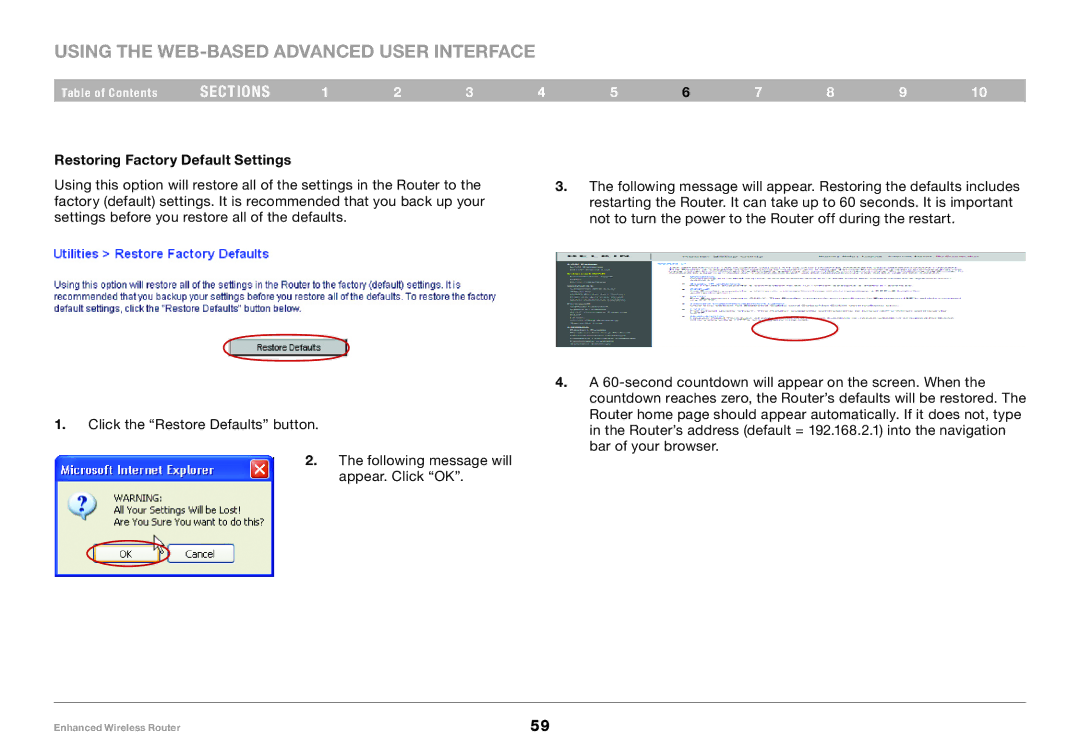 Belkin 8820-00034-A user manual Restoring Factory Default Settings 