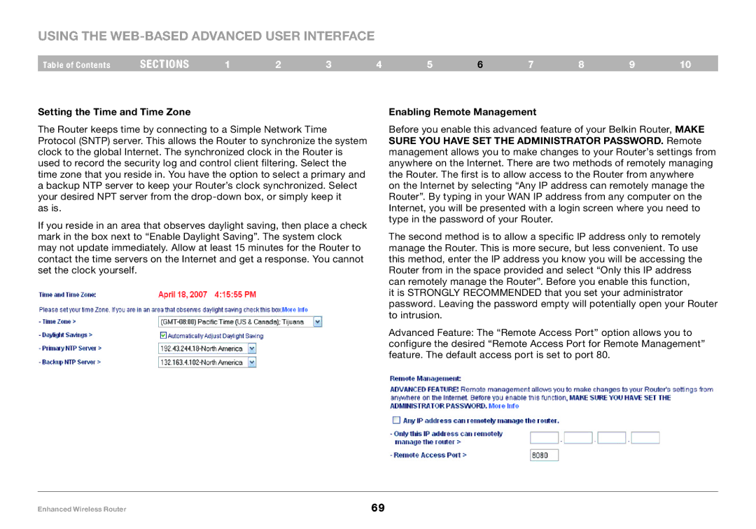 Belkin 8820-00034-A user manual Setting the Time and Time Zone, Enabling Remote Management 