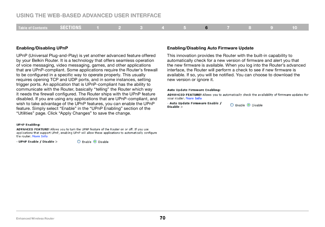 Belkin 8820-00034-A user manual Enabling/Disabling UPnP, Enabling/Disabling Auto Firmware Update 