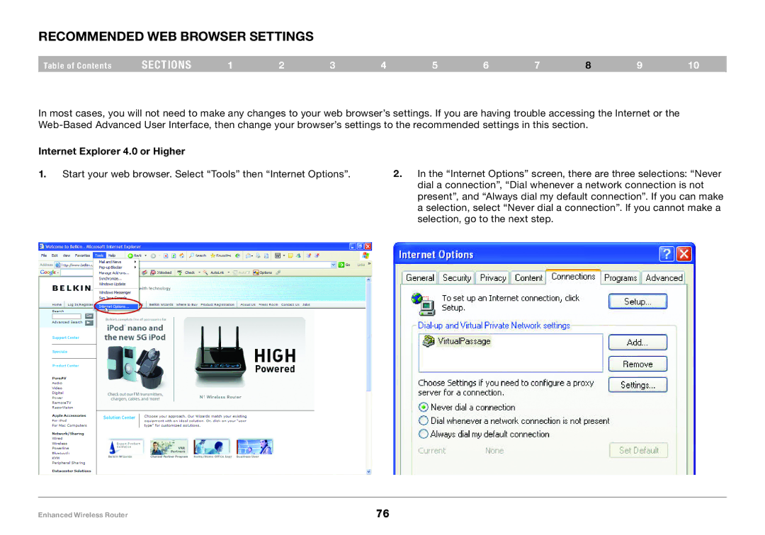 Belkin 8820-00034-A user manual Recommended Web Browser Settings, Internet Explorer 4.0 or Higher 