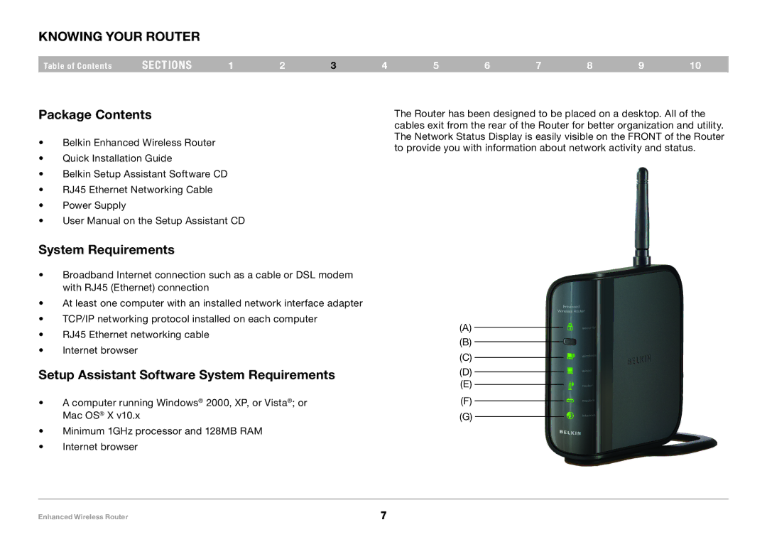 Belkin 8820-00034-A user manual Knowing your Router, Package Contents, System Requirements 