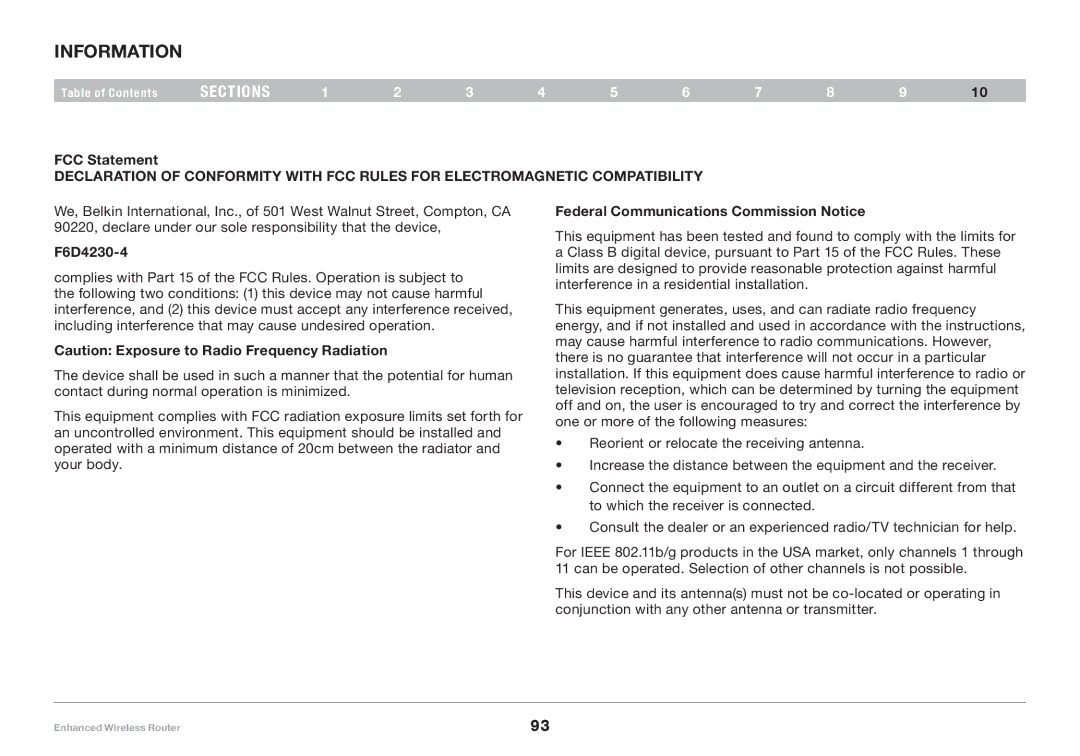 Belkin 8820-00034-A user manual Information, FCC Statement, F6D4230-4, Federal Communications Commission Notice 