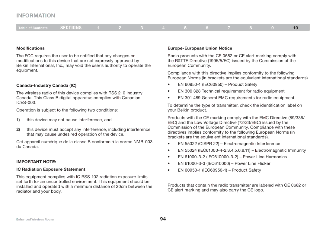 Belkin 8820-00034-A user manual Information, Modifications, Europe-European Union Notice, Canada-Industry Canada IC 