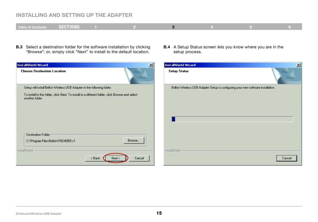 Belkin 8820-00050ea F6D4050 B..4 A Setup Status screen lets you know where you are in the, setup process, sections 
