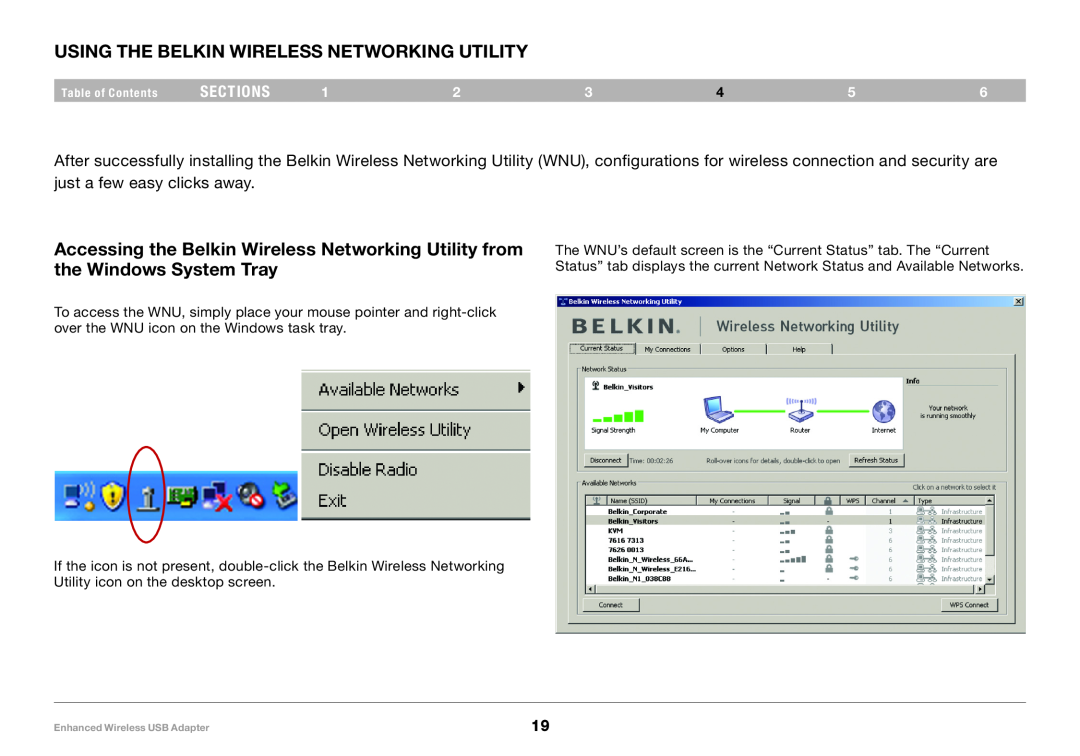 Belkin 8820-00050ea F6D4050 user manual Using the Belkin Wireless Networking Utility, sections 