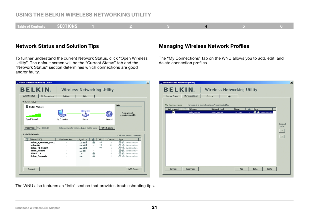 Belkin 8820-00050ea F6D4050 user manual Network Status and Solution Tips, Managing Wireless Network Profiles, sections 