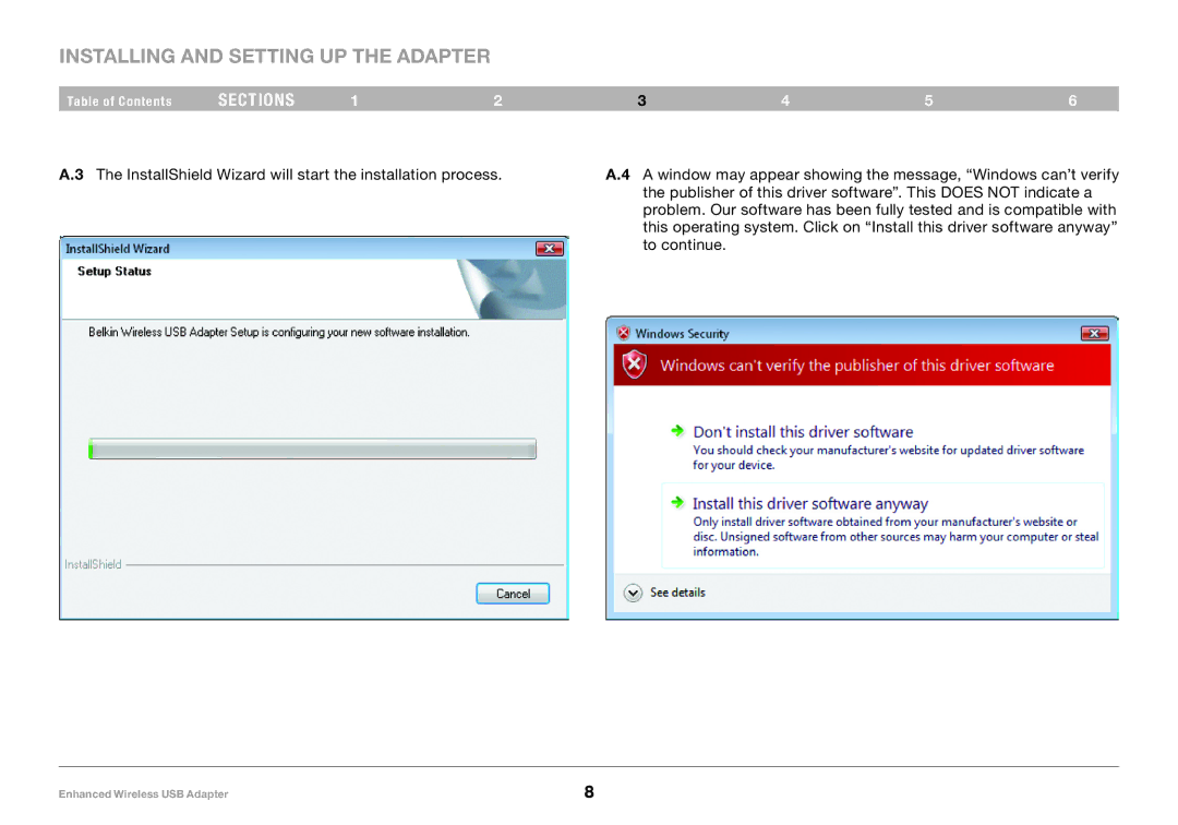 Belkin 8820-00050ea F6D4050 user manual Installing and Setting up the Adapter 