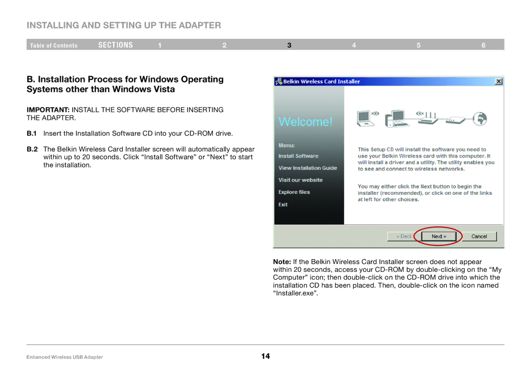 Belkin 8820-00050ea F6D4050 user manual Important Install the Software Before Inserting Adapter 