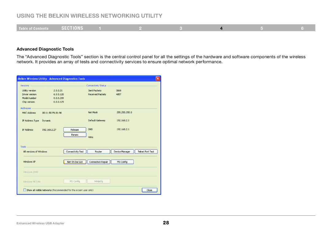 Belkin 8820-00050ea F6D4050 user manual Advanced Diagnostic Tools 