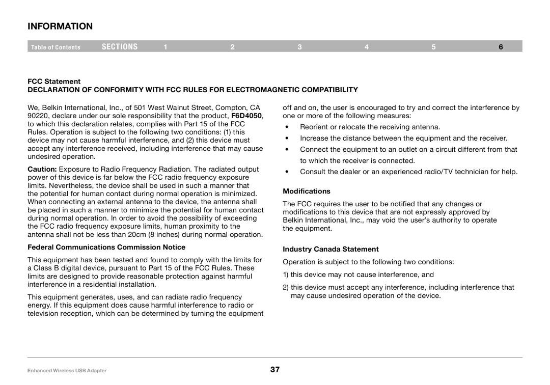 Belkin 8820-00050ea F6D4050 user manual Information, FCC Statement, Federal Communications Commission Notice, Modifications 