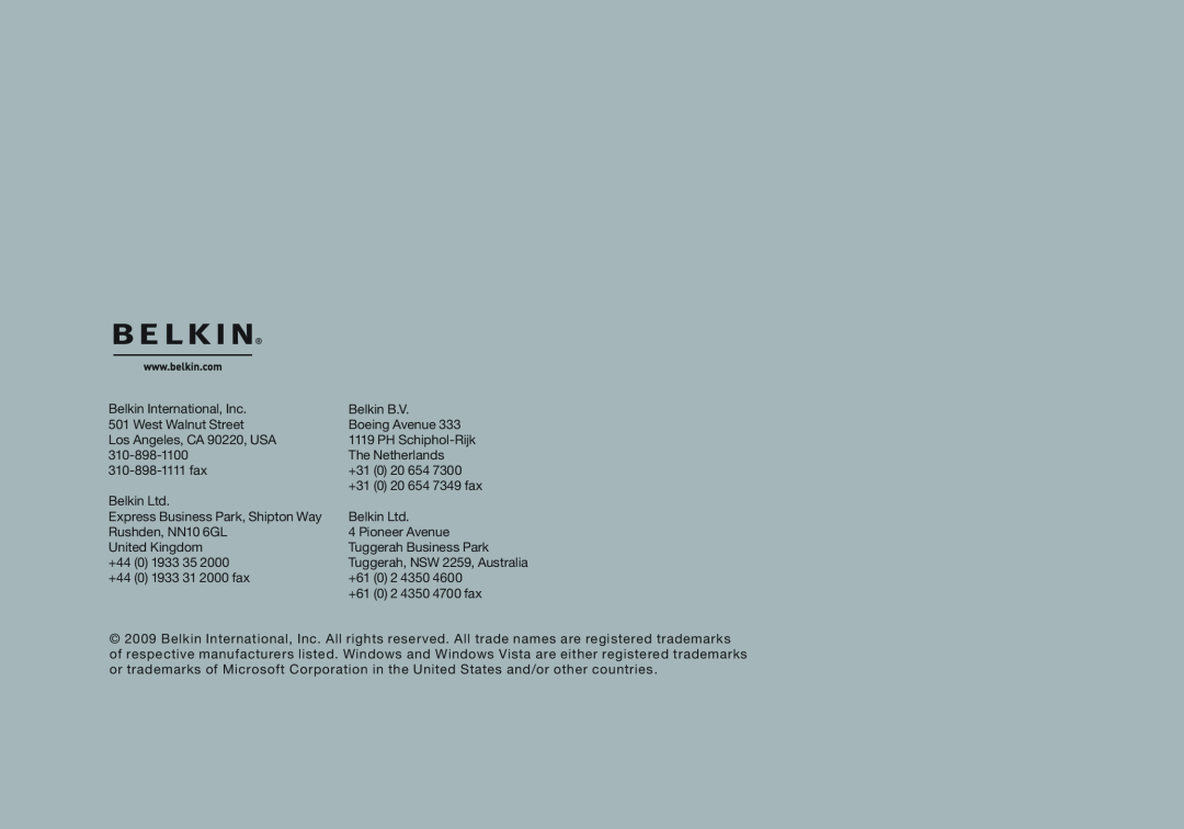 Belkin 8820-00111 F5D4076 Belkin International, Inc, Belkin B..V, West Walnut Street, Boeing Avenue, PH Schiphol-Rijk 