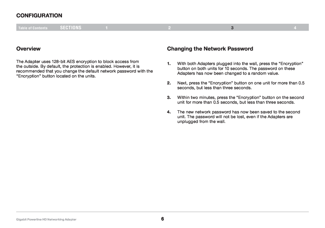 Belkin 8820-00111 F5D4076 user manual Configuration, Changing the Network Password, Overview, sections 
