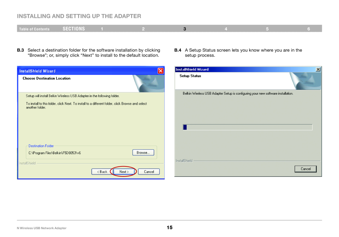 Belkin 8820-00209EA F5D8053 B..4 A Setup Status screen lets you know where you are in the, setup process, sections 
