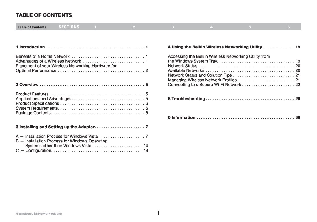 Belkin 8820-00209EA F5D8053 user manual Table of Contents, sections, Introduction, Overview, Troubleshooting 
