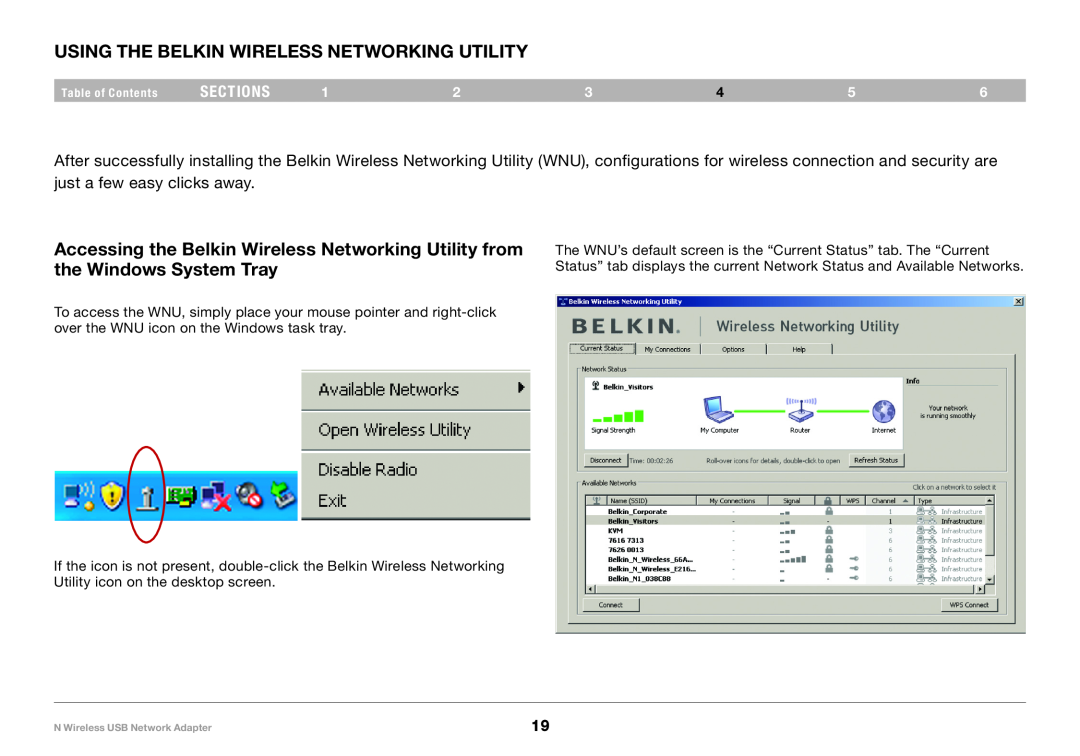 Belkin 8820-00209EA F5D8053 user manual Using the Belkin Wireless Networking Utility, sections 