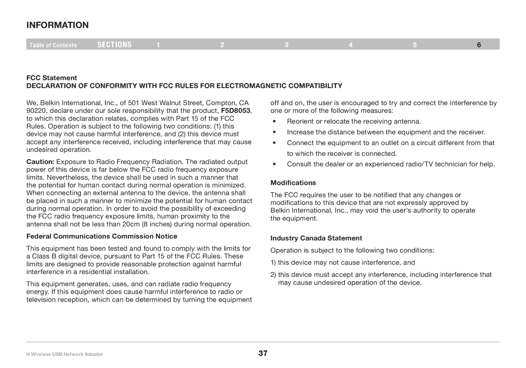 Belkin 8820-00209EA F5D8053 user manual Information, FCC Statement, Federal Communications Commission Notice, Modifications 