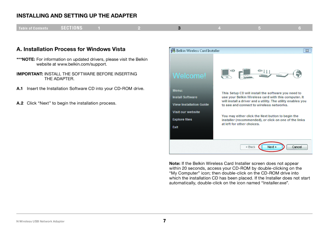 Belkin 8820-00209EA F5D8053 user manual Installing and Setting up the Adapter, Installation Process for Windows Vista 