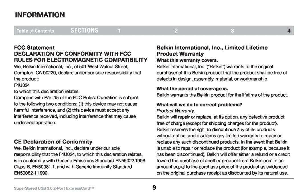 Belkin 8820-00417 F4U024 user manual Information, FCC Statement, CE Declaration of Conformity, sections, Table of Contents 