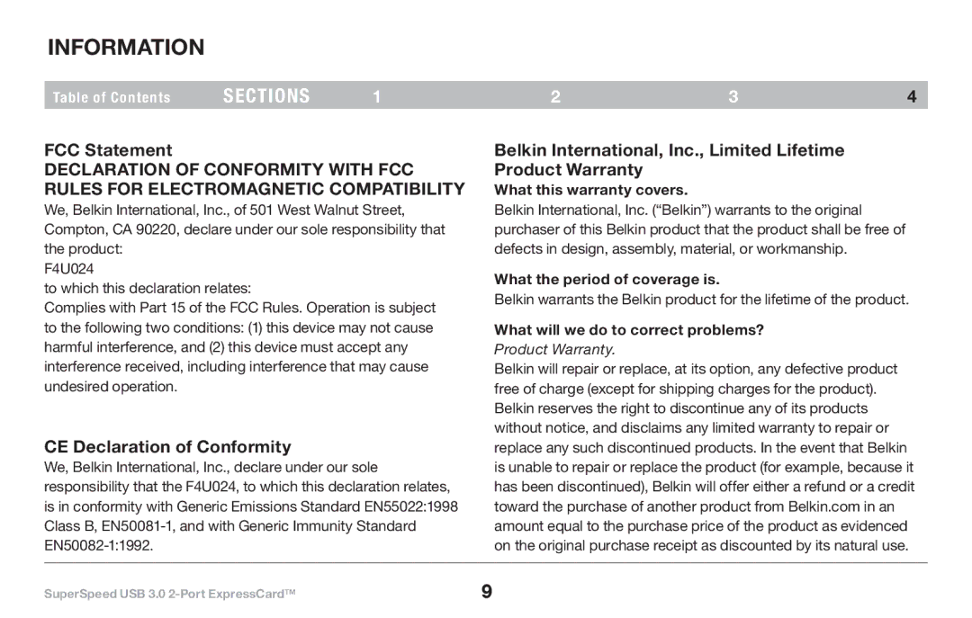 Belkin 8820-00417 F4U024 user manual FCC Statement, CE Declaration of Conformity, What this warranty covers 