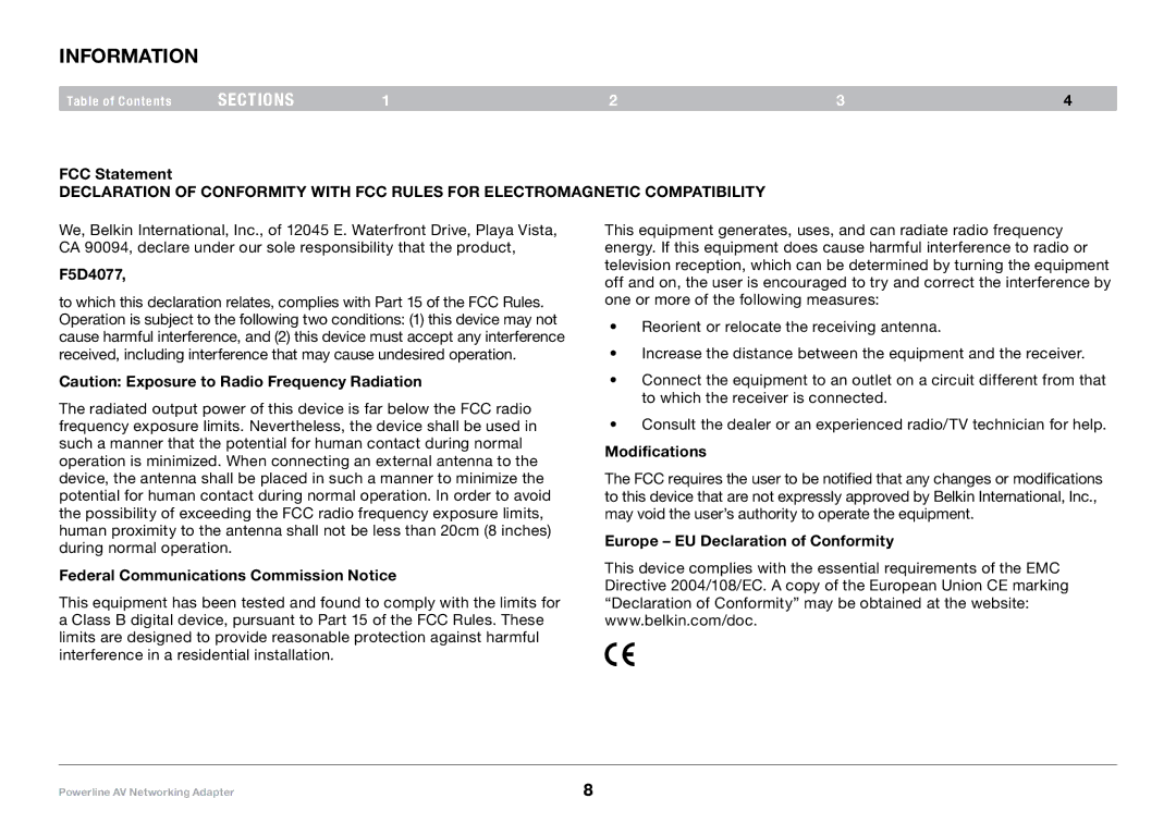 Belkin 8820-00661 Rev. A01 F5D4077 user manual Information 