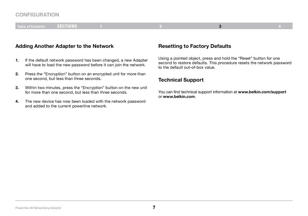 Belkin 8820-00661 Rev. A01 F5D4077 Adding Another Adapter to the Network, Resetting to Factory Defaults, Technical Support 