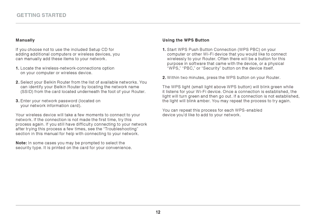 Belkin 8820AU00398 user manual Manually, Using the WPS Button 