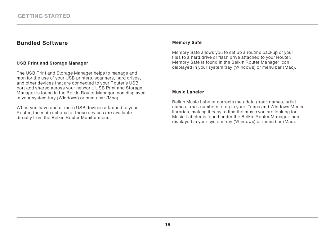 Belkin 8820AU00398 user manual Bundled Software, USB Print and Storage Manager, Memory Safe, Music Labeler 