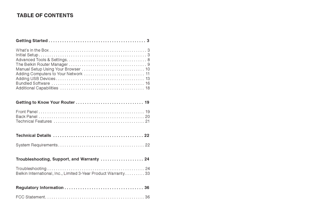 Belkin 8820AU00398 user manual Table of Contents 