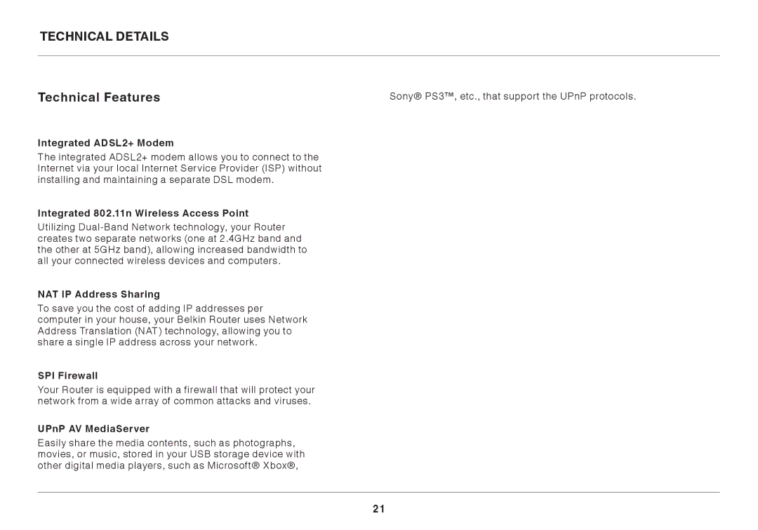 Belkin 8820AU00398 user manual Technical Details Technical Features 