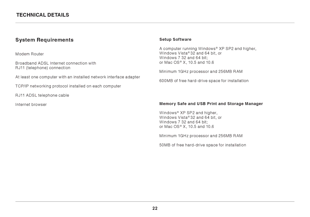 Belkin 8820AU00398 Technical Details System Requirements, Setup Software, Memory Safe and USB Print and Storage Manager 