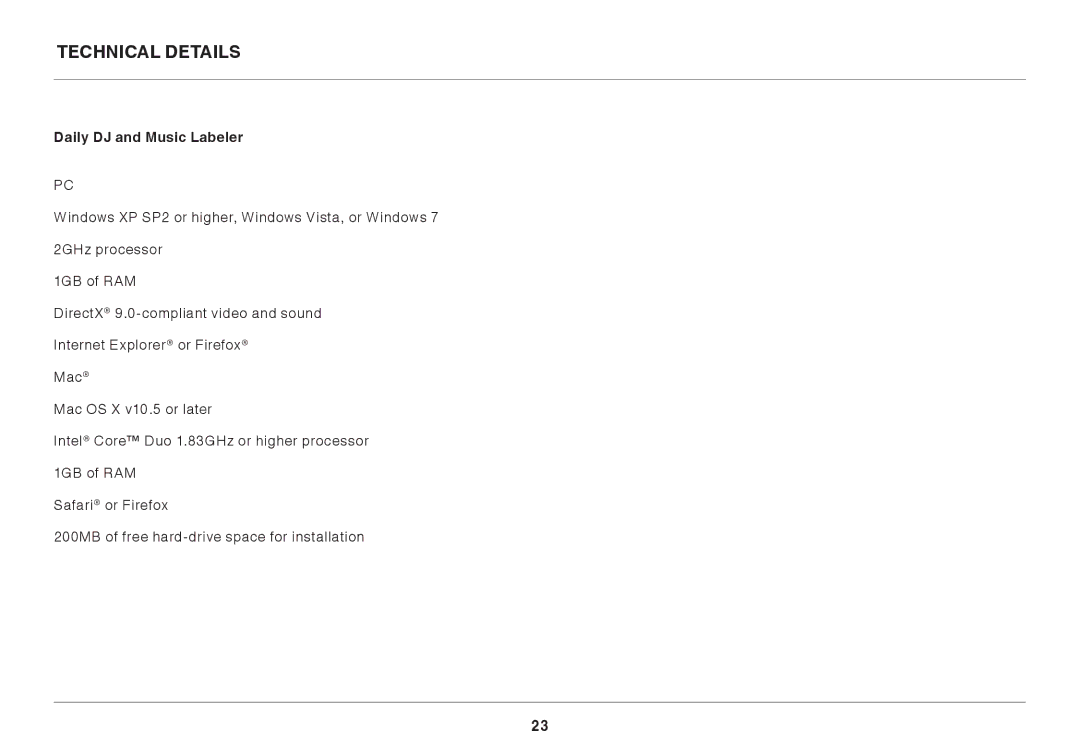 Belkin 8820AU00398 user manual Technical Details, Daily DJ and Music Labeler 