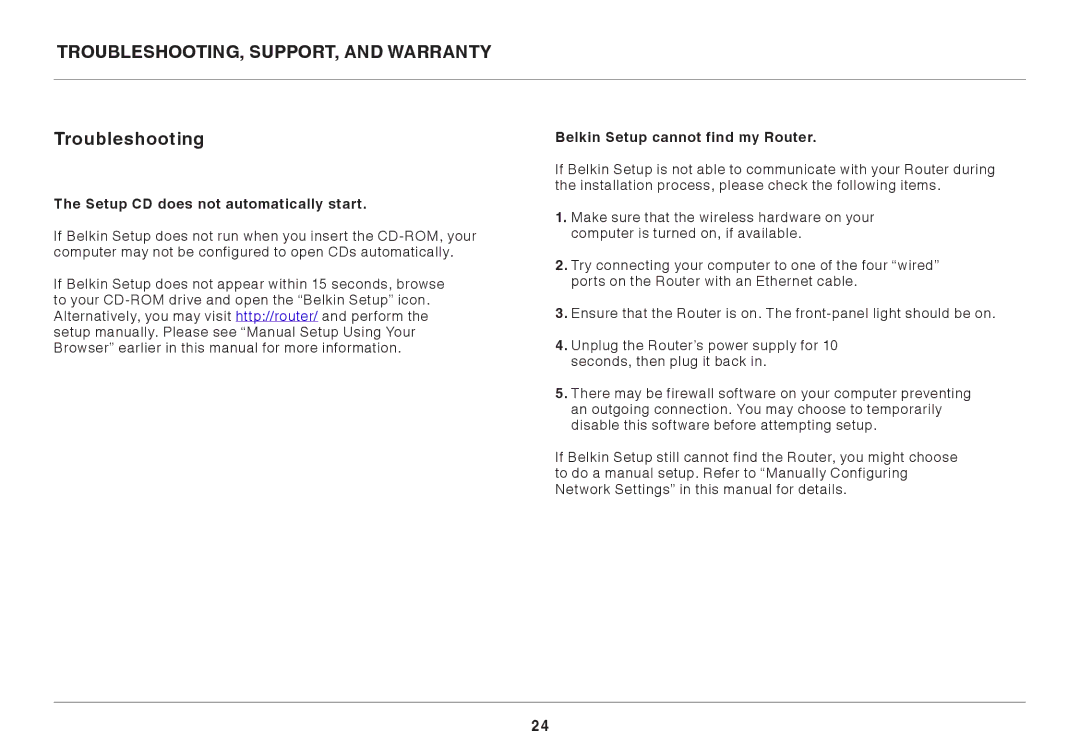 Belkin 8820AU00398 user manual Troubleshooting, Support, and Warranty, Setup CD does not automatically start 