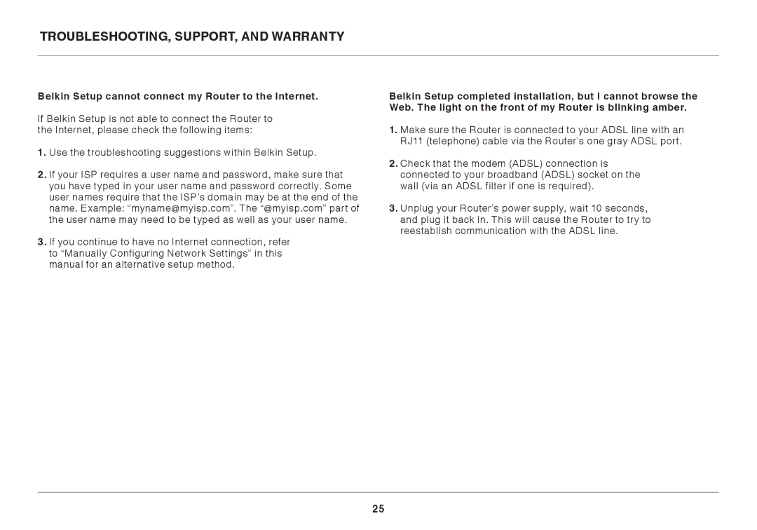 Belkin 8820AU00398 user manual Belkin Setup cannot connect my Router to the Internet 