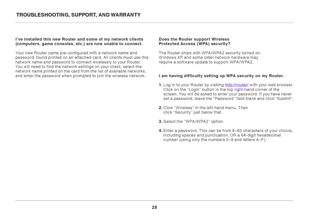 Belkin 8820AU00398 user manual Am having difficulty setting up WPA security on my Router 