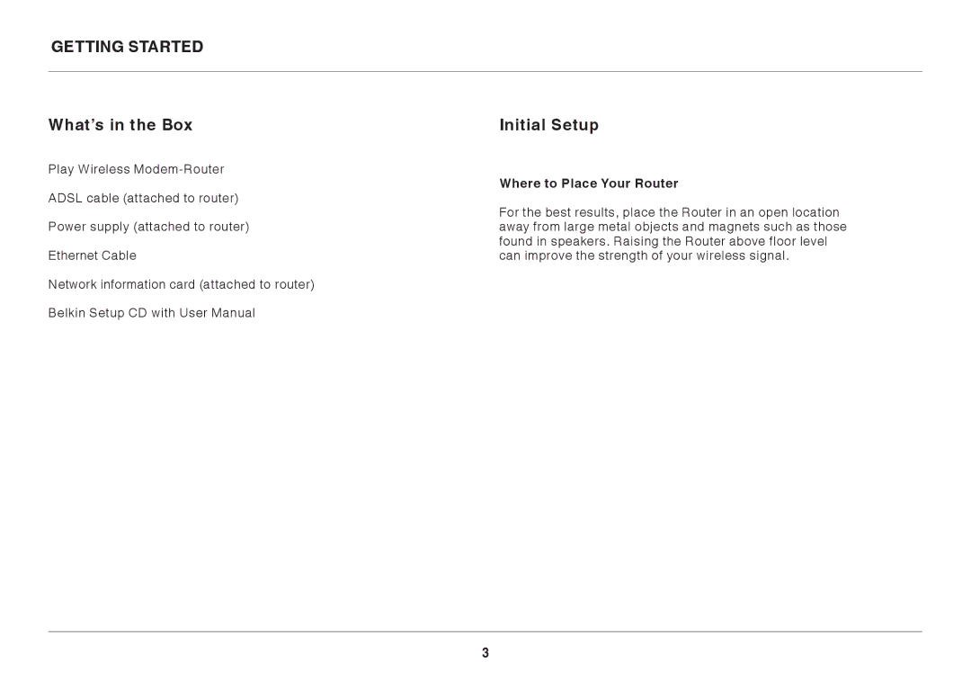 Belkin 8820AU00398 user manual What’s in the Box, Initial Setup, Where to Place Your Router 