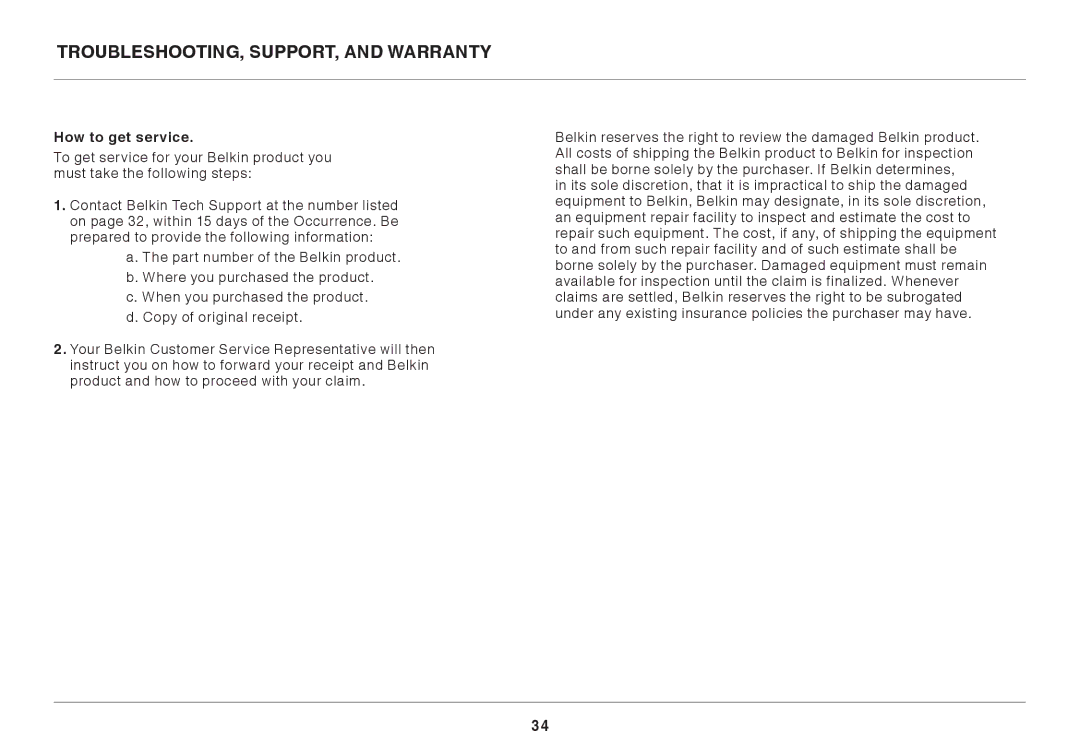 Belkin 8820AU00398 user manual Troubleshooting, Support, and Warranty, How to get service 