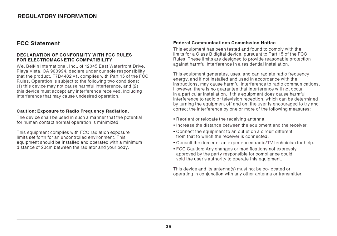 Belkin 8820AU00398 user manual Regulatory Information FCC Statement, Federal Communications Commission Notice 