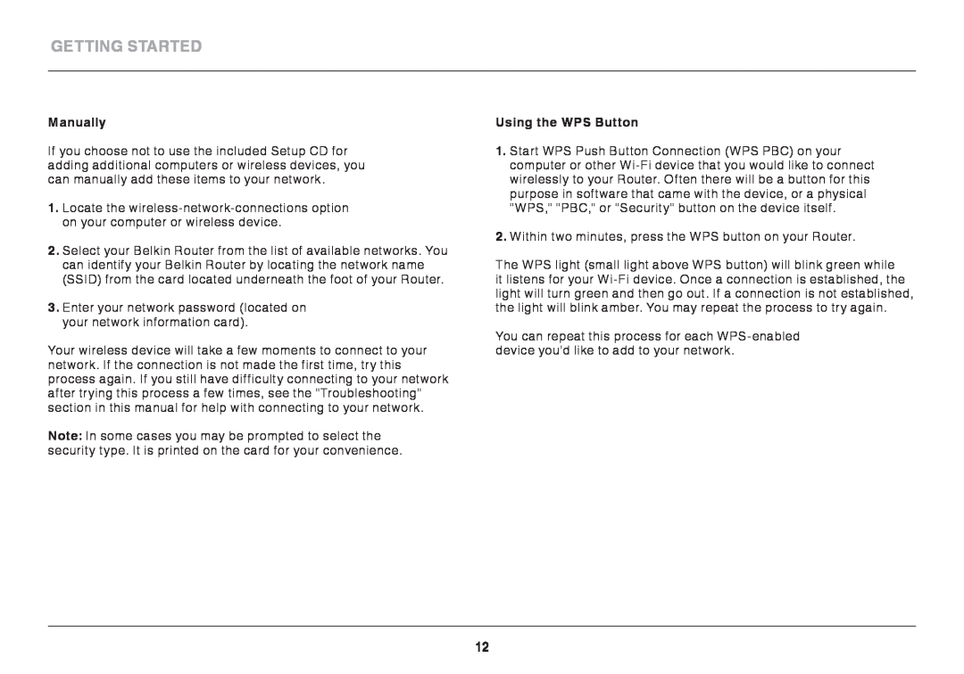 Belkin 8820ED00372_F7D2301_V1 user manual Manually, Using the WPS Button, Getting Started 