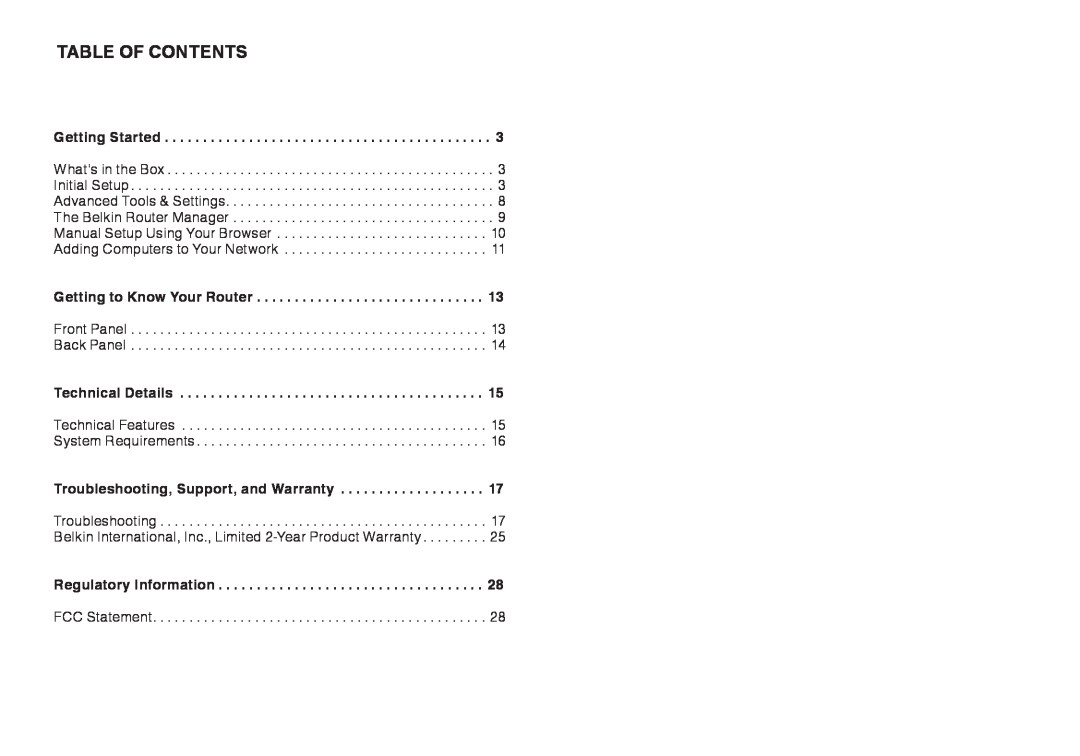 Belkin 8820ED00372_F7D2301_V1 Table Of Contents, Getting Started, Getting to Know Your Router, Technical Details 