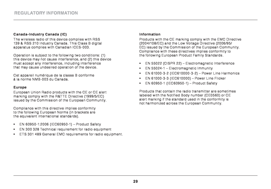 Belkin 8820ED00372_F7D2301_V1 user manual Regulatory Information, Canada-Industry Canada IC, Europe 
