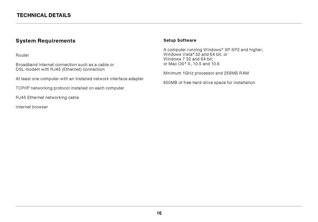 Belkin 8820ED00372_F7D2301_V1 user manual Technical Details System Requirements, Setup Software 