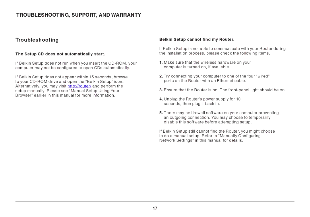 Belkin 8820ED00372_F7D2301_V1 user manual Troubleshooting, Support, and Warranty, Setup CD does not automatically start 