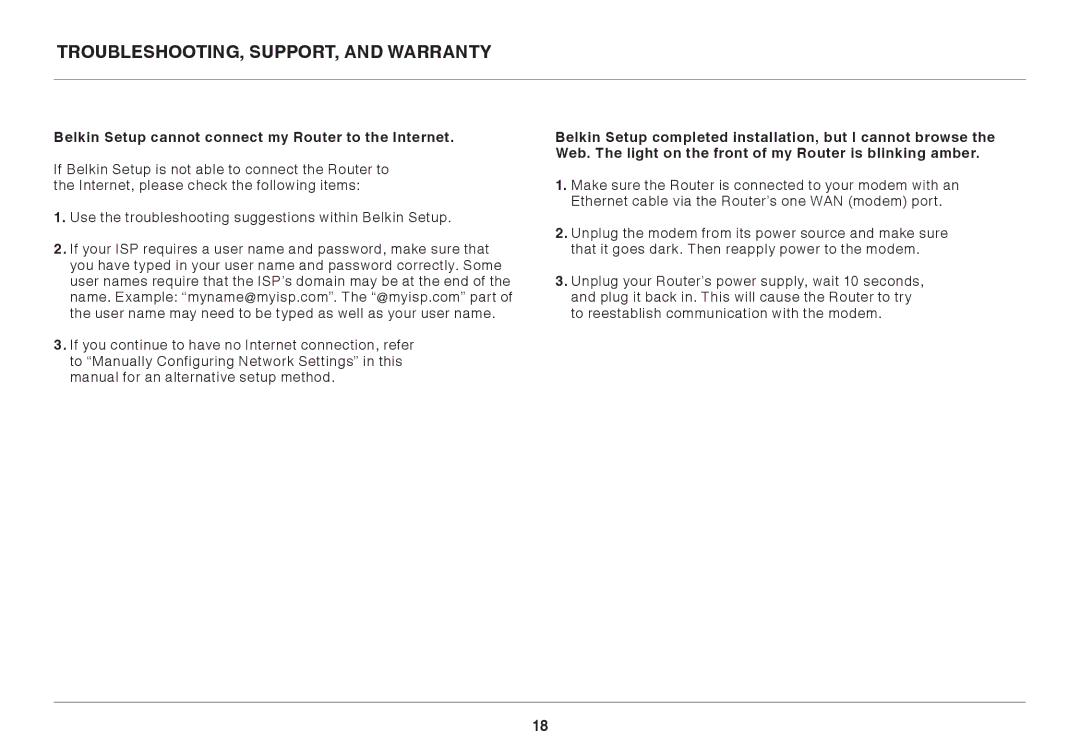 Belkin 8820ED00372_F7D2301_V1 user manual Belkin Setup cannot connect my Router to the Internet 