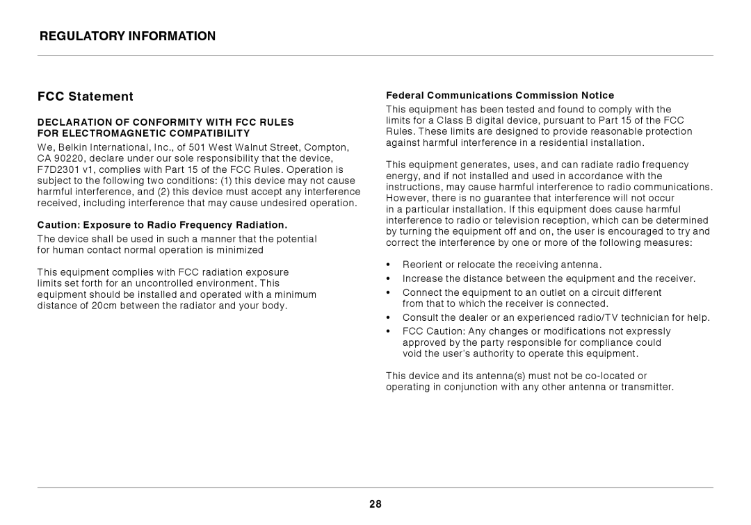 Belkin 8820ED00372_F7D2301_V1 user manual Regulatory Information FCC Statement, Federal Communications Commission Notice 