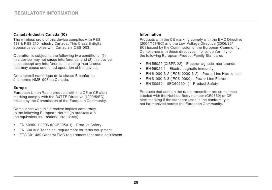 Belkin 8820ED00372_F7D2301_V1 user manual Canada-Industry Canada IC, Europe, Information 